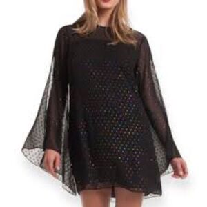 NWT Trina Turk Winterluxe Tess Metallic Sheer Bell Sleeve Black Shift Dress XS
